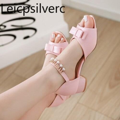 Womens Sandals summer butterfly Knot String Bead Fish mouth Open toe Buckle Thick heel mid heel Womens shoe plus size 28-43