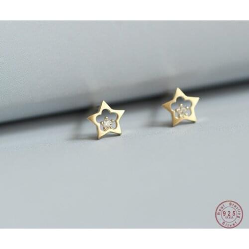 925 Sterling Silver 14K Gold Plum Blossom Star Stud Earrings Women Hollow Inlaid Crystal Light Luxury Student Party Jewelry