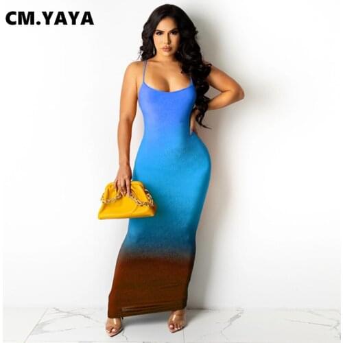 CM.YAYA Women Long Dress Gradient Color Sleeveless Strap O-neck Strechy Bodycon Maxi Dresses Sexy Vintage Vestidos Summer Outfit