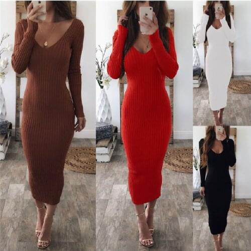 New 2019 Women Robe Dresses Long Sleeve Long Knitted Sweaters Dresses Autumn Winter Casual Sexy V-Neck Sweaters Stripe Dress