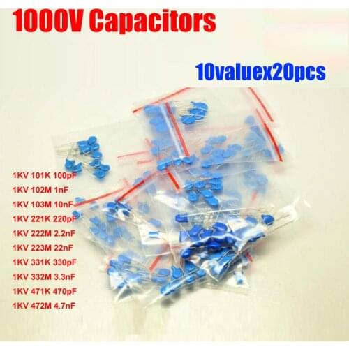 10valuesX20pcs=200pcs 1KV High Voltage Ceramic Capacitor 1000V Assortment Kit 100PF ~ 4.7NF