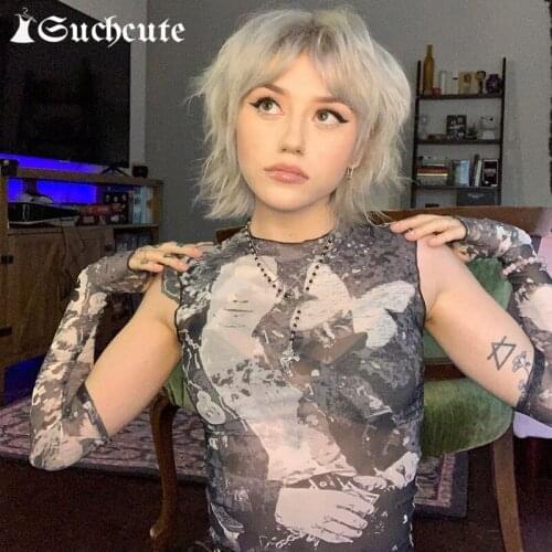 SUCHCUTE Goth Aesthetic Print Tshirts With Gloves Summer Streetwear Fashion Crop Tops 90s Vintage Harajuku Transparent Mesh Tee