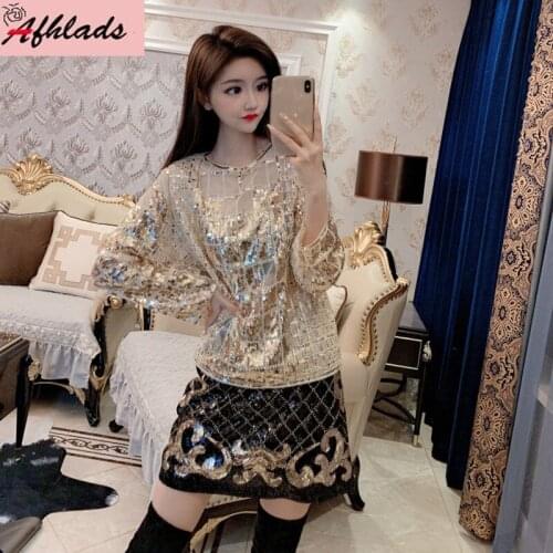 Large Size Korean Autumn And Winter Bling T-Shirt Beaded Sequins Perspective Sexy Women Long Sleeved Fashion Night Club Tops