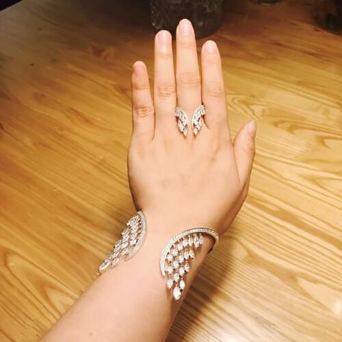 Classic Design Feather Wing AAA Cubic Zircon Rose Gold Color Engagement Open Bangle and Ring Set For Bridal Party Jewelry BP2088