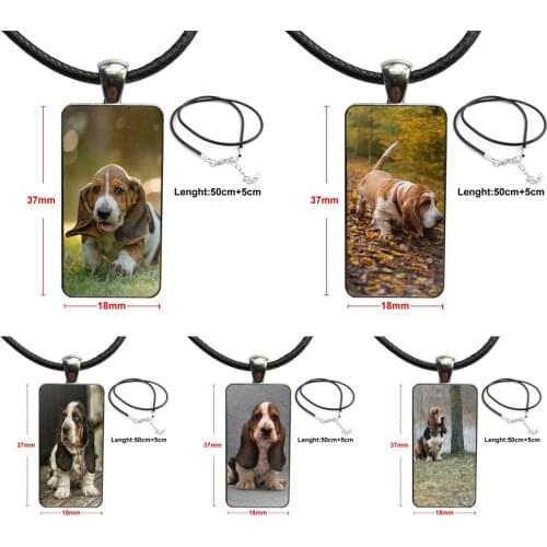 Basset Hound Red Cardinals For Women Men Glass Cabochon Choker Pendant Rectangle Necklace Steel Color Jewelry