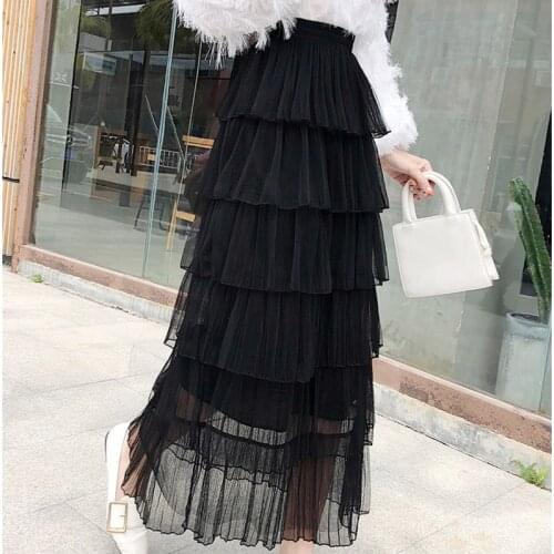 LANMREM 2020 New High Waist A-line Ruffles Mesh Patchwork Anlke Length Halfbody Skirt Female Long Autumn And Autumn WO611101