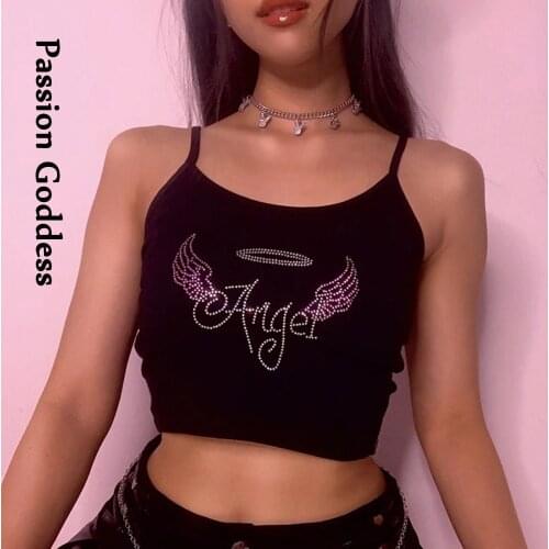 Cute Women Angel Rhinestone Crop Camis Sleeveless Slim Camisole Bustier Lingerie Bralette Hot Drilling Wing Glitter Crop Top Y2K