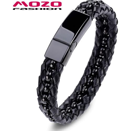 MOZO FASHION Men Vintage Bracelet Stainless Steel Bead Chain Leather Mixed Braided Bracelets & Bangles Punk Male Jewelry PS2025