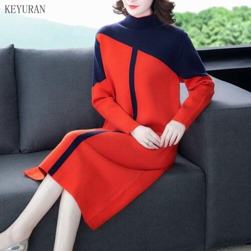 Autumn Winter Knitted Color-blocked Sweater Dress Women Plus Size Long Sleeve Ladies Korean Elegant Fashion Dresses Vestido 2020
