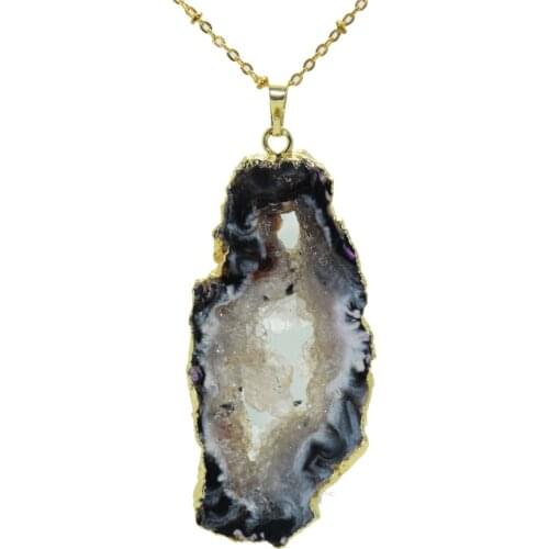 Black Grey Random Raw Polish natural stone women necklace gold bezel slice pendant necklace free form rough geode druzy necklace