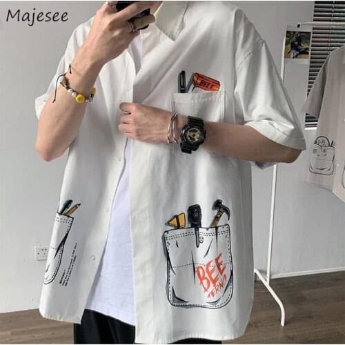 Short Sleeve Shirts Men Fashion Simple Hand Printed Graffiti Casual Designer Loose Pockets Cargo Outerwear Handsome Streetwear