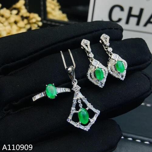KJJEAXCMY boutique jewelry 925 sterling silver inlaid Natural Emerald Ring Earring Necklace Set Support Test fine