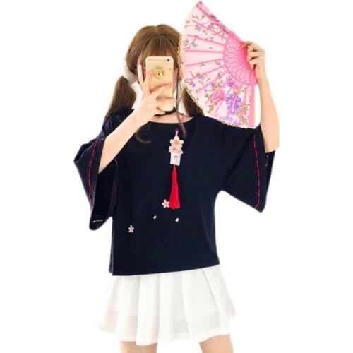 Japanese Mori Women T-shirt Half Sleeves Sakura Tassel Embroidery Sweet Short T-shirt Harajuku Hollow Single Shoulder Tee Tops