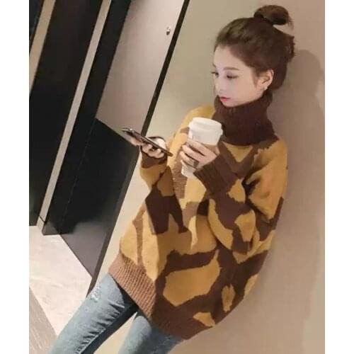 Female 2021 Winter Korean Version Turtleneck Leopard Print Long-sleeved Pullover Knit Sweater Women Casual Loose Keep Warm Tops