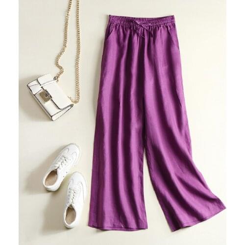 Summer Spring Womens Casual Stretchy High Waisted Wide Leg Purple White Black Linen Pants , Female Woman Clothes 3xl Trousers