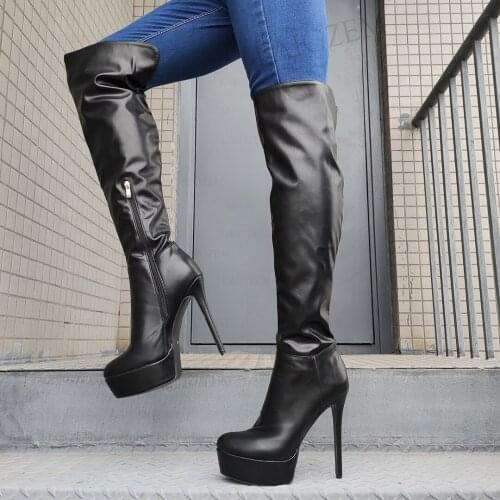 DOHBANER Women Over Knee High Boots Platform Thin High Heels Round Toe Faux Leather Party Shoes Woman Large Size 33 41 44 52