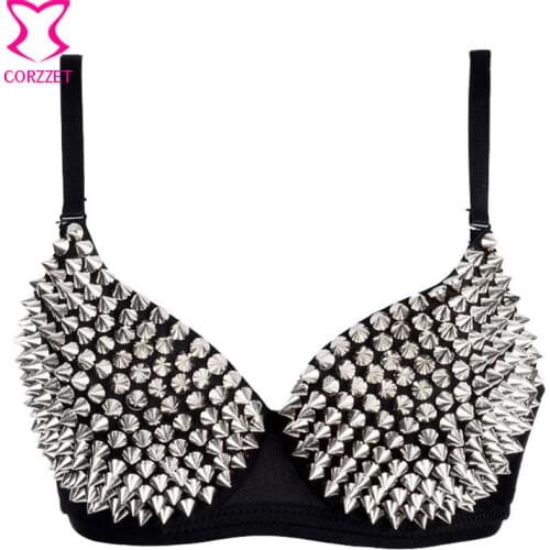 Silver Metallic Rivet Studded Bra Top Sexy Lingerie Bralette Push Up Bra Gothic Punk Rave Bras for Women Underwear Brasier Mujer