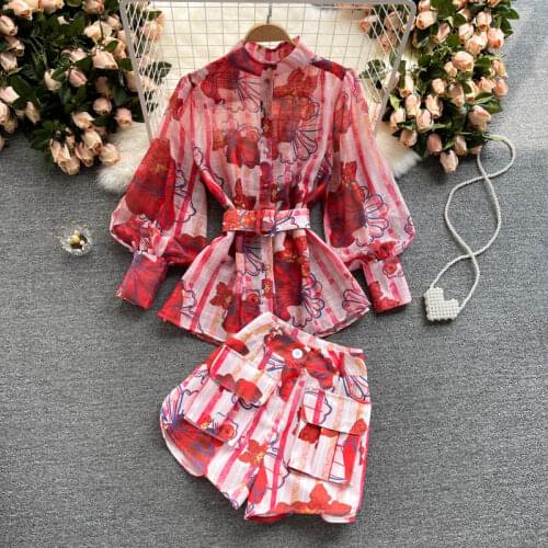 2021 Summer Two Piece Set Womens Suits Printed Long Sleeve Chiffon Blouse Tops + High Waist Shorts Sets Female Outfits