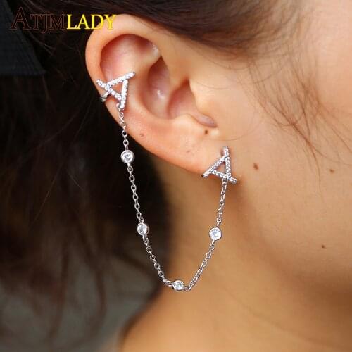 2020 high quality fahsion long link chain charm earring paved oval triangle cz cuff for girly elegant earring