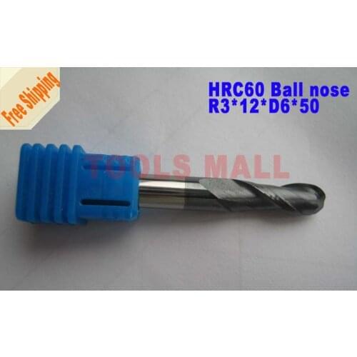 Free shipping - 3pcs 6mm 2 Flutes Ball nose Spiral Bit Milling Tools Carbide CNC Endmill Router bits hrc60 R3*12*D6*50