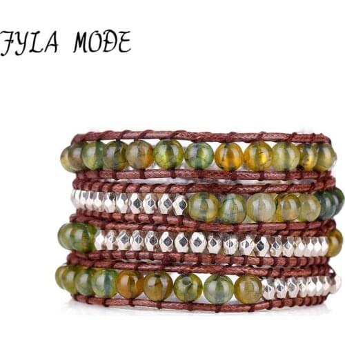 Fyla Mode Couple Bracelet New 4 Rows 6mm Green Dragon Natural Handmade Brown Wax Cord Wrap Bracelet Couples Anniversary Gifts