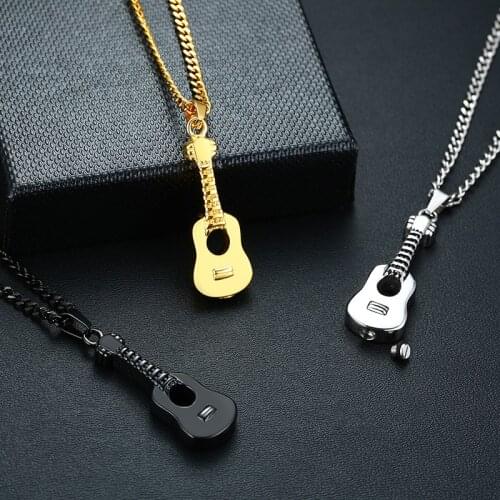 Punk Mens Ashes Holder Urn Necklace Stainless Steel Guitar Cremation Pendants Memorial Male Gifts 24" Chains