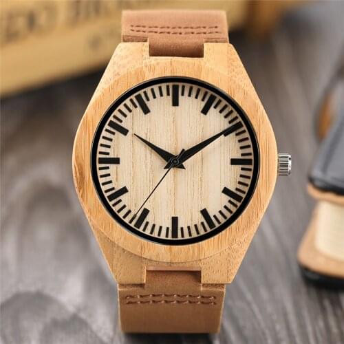 Handmade Bamboo Watch Genuine Leather Strap Wristwatch Mens Casual Sport Quartz Analog Watches Nature Wood Clock Timepiece Gift