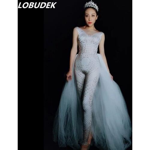 3D Printed Elastic Tights Women Sleeveless Crystals Skinny Jumpsuit White Mesh Tail Birthday Party Singer Models Catwalk Costume