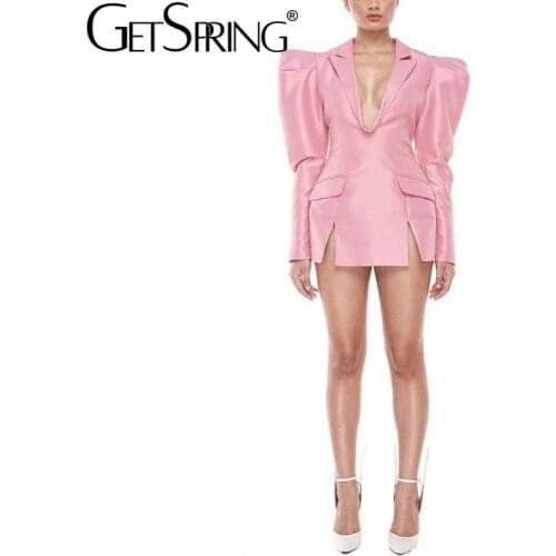Getspring Women Blazer Puff Sleeve V-neck Pink Retro Long Blazers And Jackets Plus Size Sexy Split Suit Coats Spring/Autumn Top
