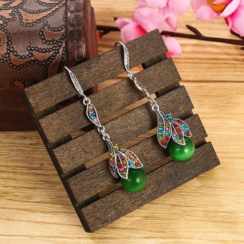Exquisite Rhinestone Retro Opal Beaded Earrings Women Korean Copper Hook Leaf Long Drop Dangle Earrings Fashion Bohemian Jewelry