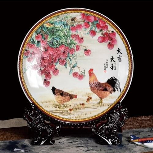 Custom Ceramic Cock and Hen Decorative Souvenir Plate Good Luck With Rack