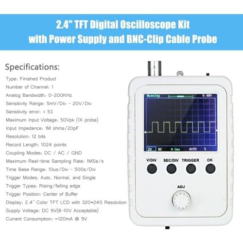 KKmoon 0-200KHz 2.4" TFT Digital Oscilloscope Kit with Power Adapter and BNC-Clip Cable Probe DS0150