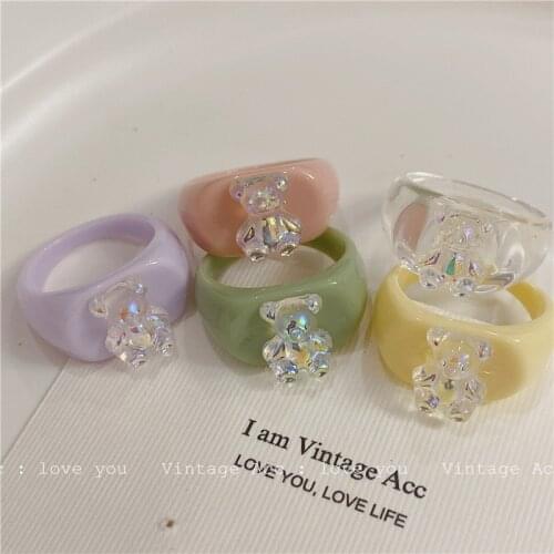 Bear Ring Cutie Gummy Bear Decor Rings Colorful Exaggerated Clear Resin Acrylic Rings for Women Girls Jewelry
