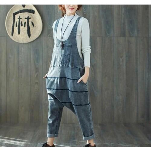 Large size bib pants Women Baggy Jumpsuits Patchwork hanging crotch Rompers Trousers hip hop Ripped Overalls