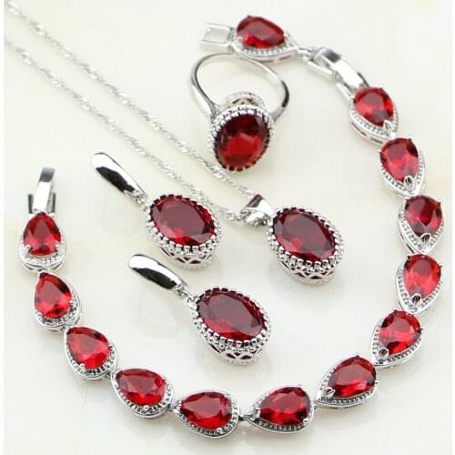 Crown 925 Sterling Silver Red Crystal Bridal Jewelry Sets For Women Wedding Water Drop Bracelet/Ring/Necklace/Earrings/Pendant