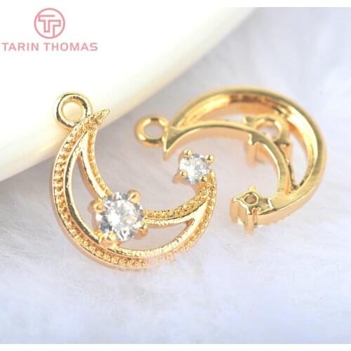 6PCS 14*10MM 24K Gold Color Brass with Zircon Moon Charms Pendants High Quality Diy Jewelry Findings Accessories