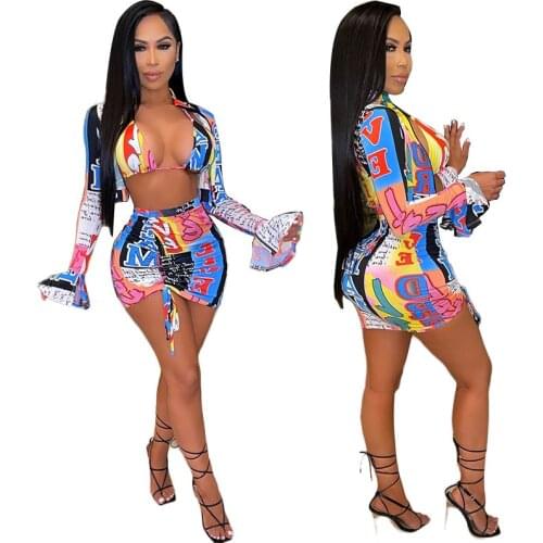 Summer new style Long sleeve speaker Stand-up collar Bandage Short skirt Drawstring Womens suit Printed sexy smocked jumpsuit
