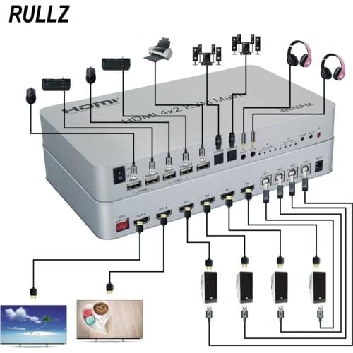 4K 60Hz 4x2 HDMI KVM Matrix Switch Splitter 4 In 2 Out 2 USB Keyboard Mouse Control 4 Computers Support USB Flash Drive Printer