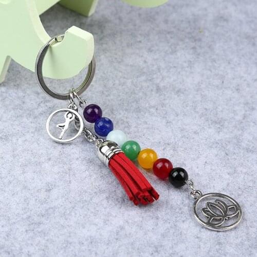 Trendy Colorful Natural Stone Beads Crystal 7 Chakras Energy Yoga Fitness Key Chains Lotus Tassel Charm Key Rings Jewelry Gifts