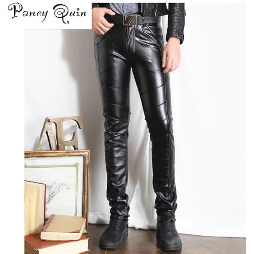 Mens winter Leather Pants men pants Faux Leather Pu sexy Black Color Motorcycle Skinny Faux Leather Pants For Mens trousers
