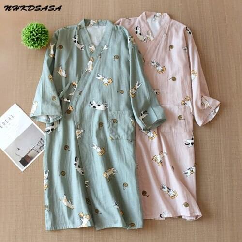 NHKDSASA 2021 New Womens 100% Cotton Gauze Cute Robe Loose SPA Yukata Japanese Kimono Pajamas Robe V-Neck Pajamas Bathrobe