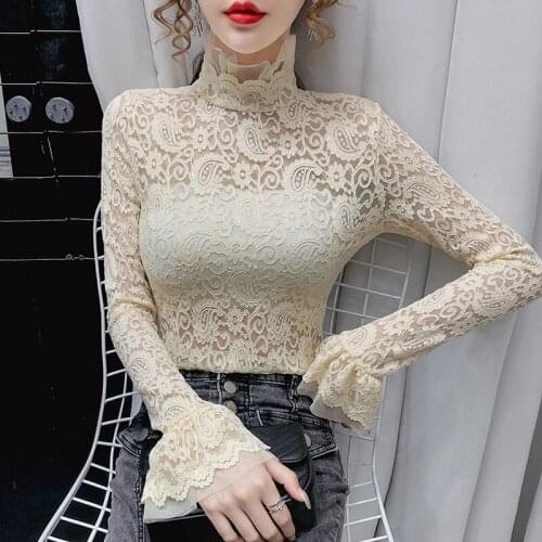 2021 New Transparent Korean Women Lace Blouse 3 Colors Female Bottoming Blouses Long-sleeve Plus Size Turtleneck Shirt Women