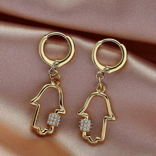 One Pair Micro Pave Zircon Jewelry Gold Color Heart Hand Key Shape Clasps Pendent Hoops Small Earring For women Gift