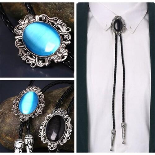 Original Western Cowboy BOLO Tie Clip Middle Inlay Blue Black Stone Wavy lace PU Leather Rope Mens Fashion Jewelry