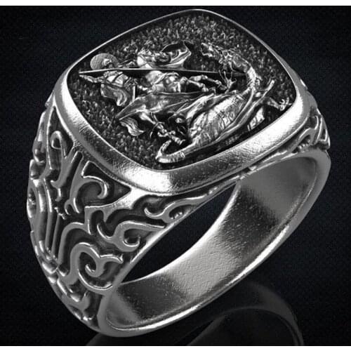 Europe America Popular Jewelry Vintage Punk Warrior Dragon Slaying Rings For Men Wedding Party Creative Domineering Accessories