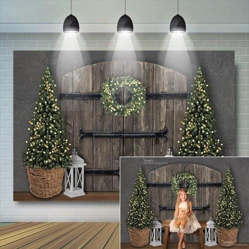 Christmas Trees Wood Door Backdrop Family Photocall Kids Portrait Winter Photography Props Children Background Baby Photostudio
