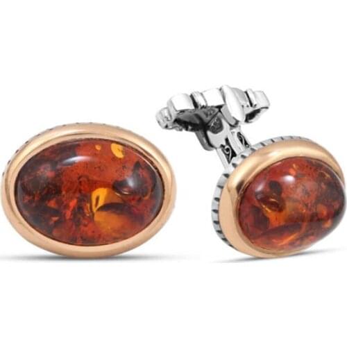 Silver Synthetic Amber Oval Stone Cufflinks