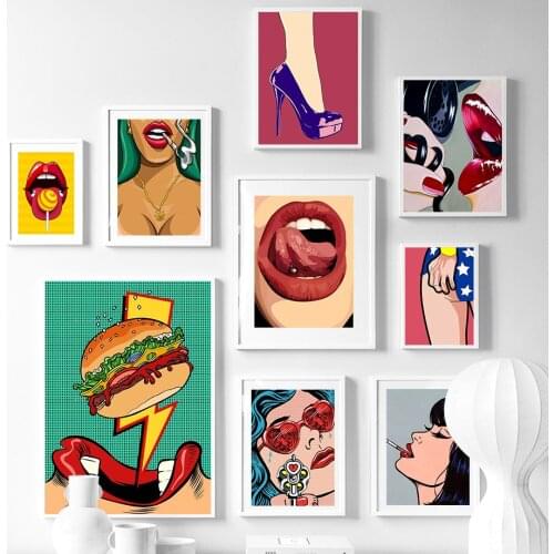 Nordic Fashion Sexy Woman Red Lips Art Decor Poster Quality Canvas Painting Wall Decor Picture Living room Home Decor A908