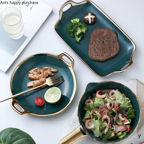 Nordic Phnom Penh Dark Green Ceramics Dinner Plate Handle Plate Binaural Dish Cutlery Set Flower Bowl Dishes and Plates Sets