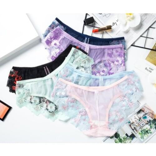 Womens Panties Sexy Lace Briefs Transparent Underwear Thongs G-string Embroidery Floral Female Lingerie Intimates Underpants
